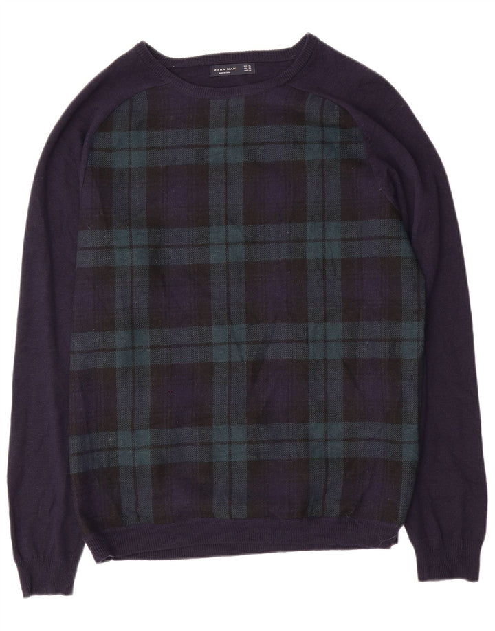 Suéter masculino ZARA com gola canoa XL azul marinho xadrez