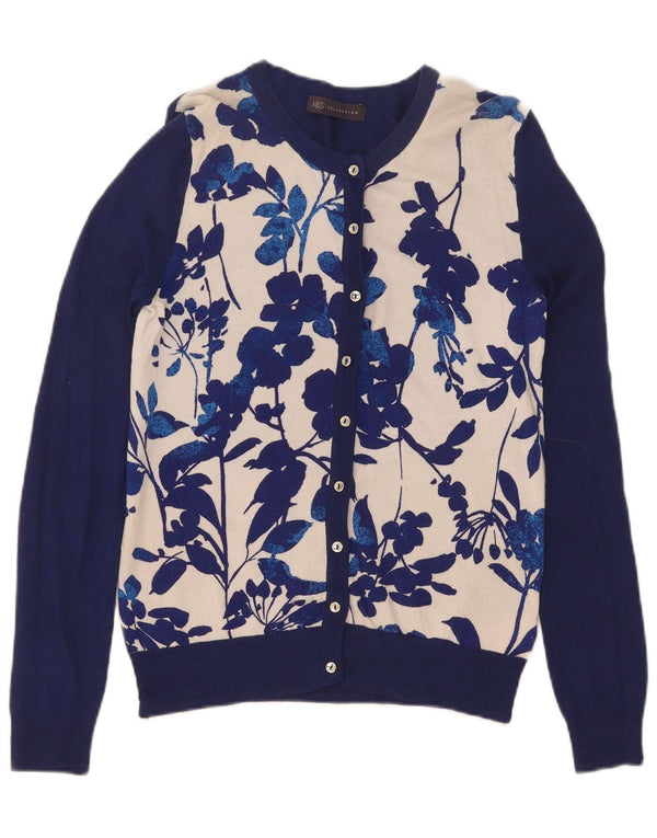 Suéter cardigã feminino Marks & Spencer UK 8 pequeno azul marinho floral viscose