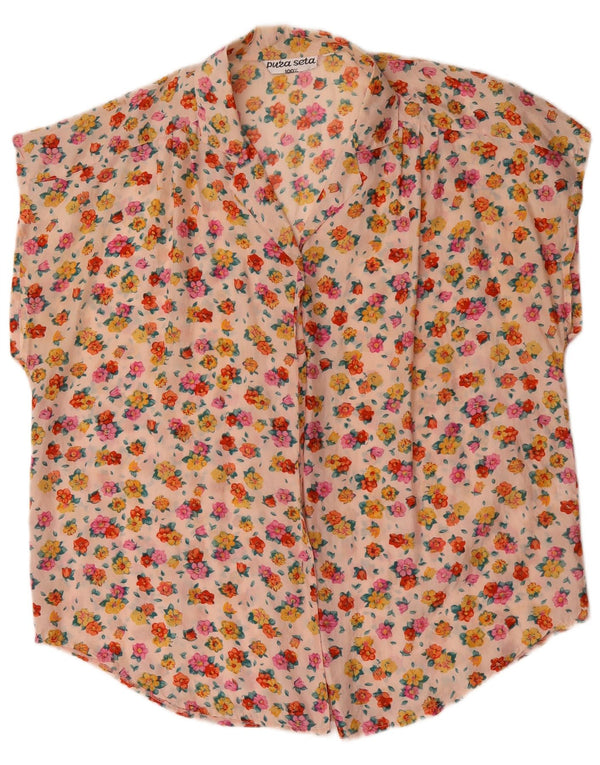 Blusa feminina vintage manga curta UK 18 XL floral multicolorida