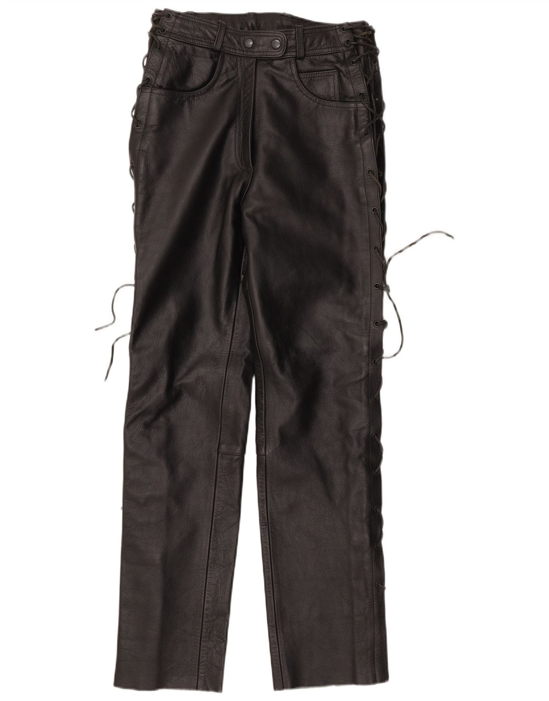 Calça feminina vintage de couro reto IT 42 médio W30 L32 couro preto