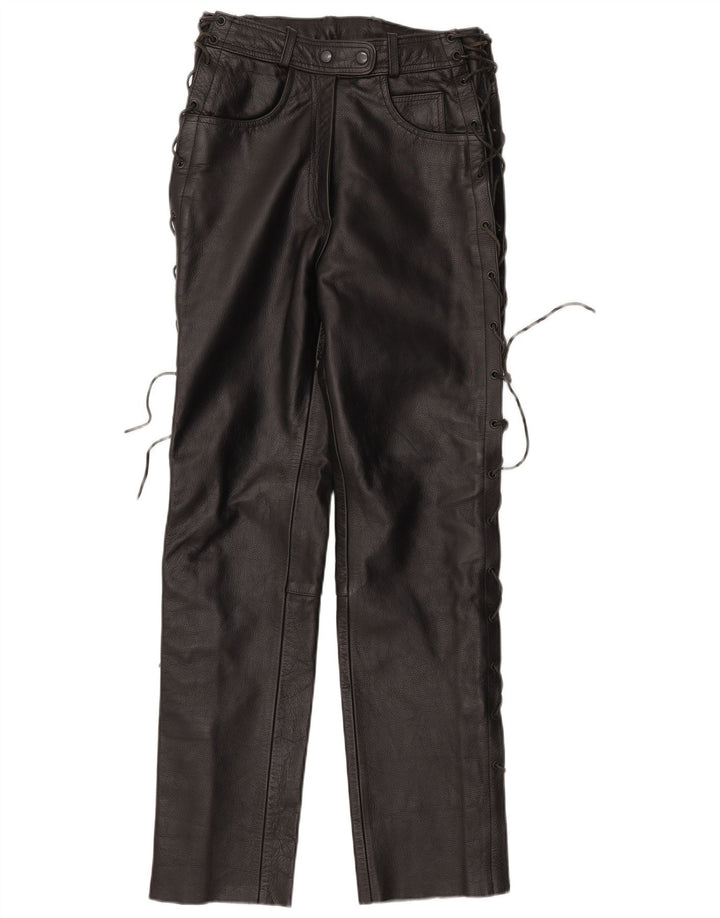 Calça feminina vintage de couro reto IT 42 médio W30 L32 couro preto