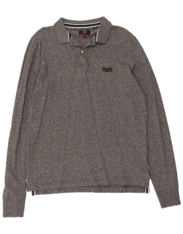 Camisa polo masculina Superdry de manga comprida XL cinza manchado de algodão