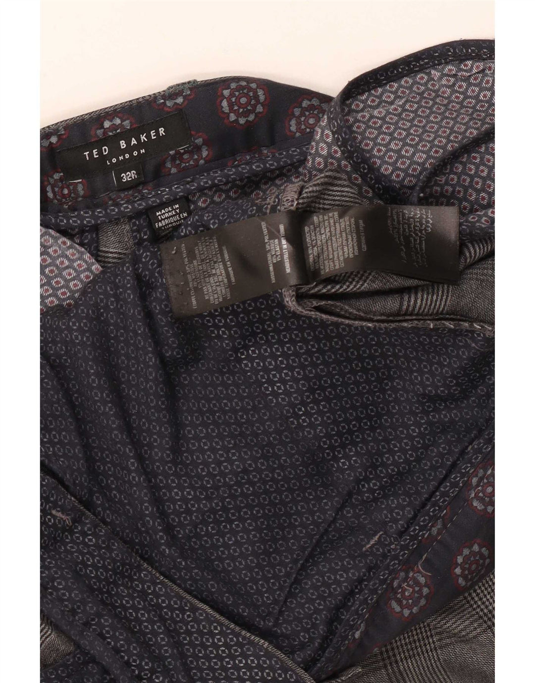 Calça casual slim masculina Ted Baker W32 L31 poliéster xadrez cinza