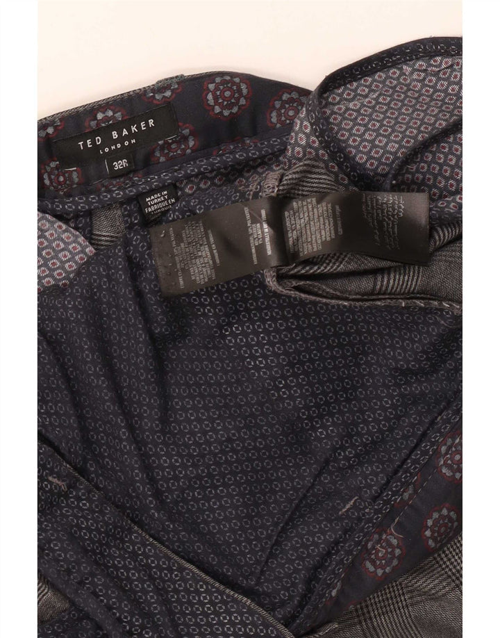Calça casual slim masculina Ted Baker W32 L31 poliéster xadrez cinza