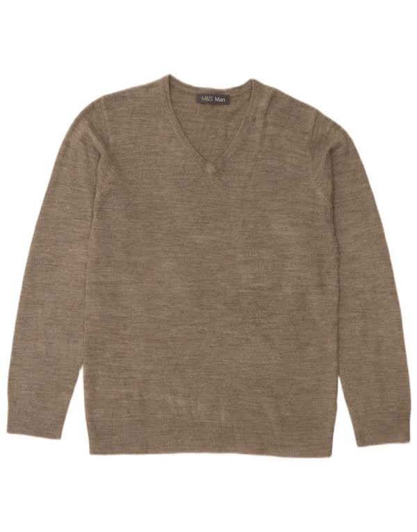 Suéter masculino Marks & Spencer com decote em V, pequeno acrílico salpicado bege