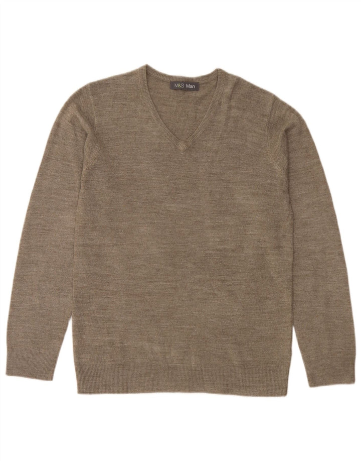 Suéter masculino Marks & Spencer com decote em V, pequeno acrílico salpicado bege