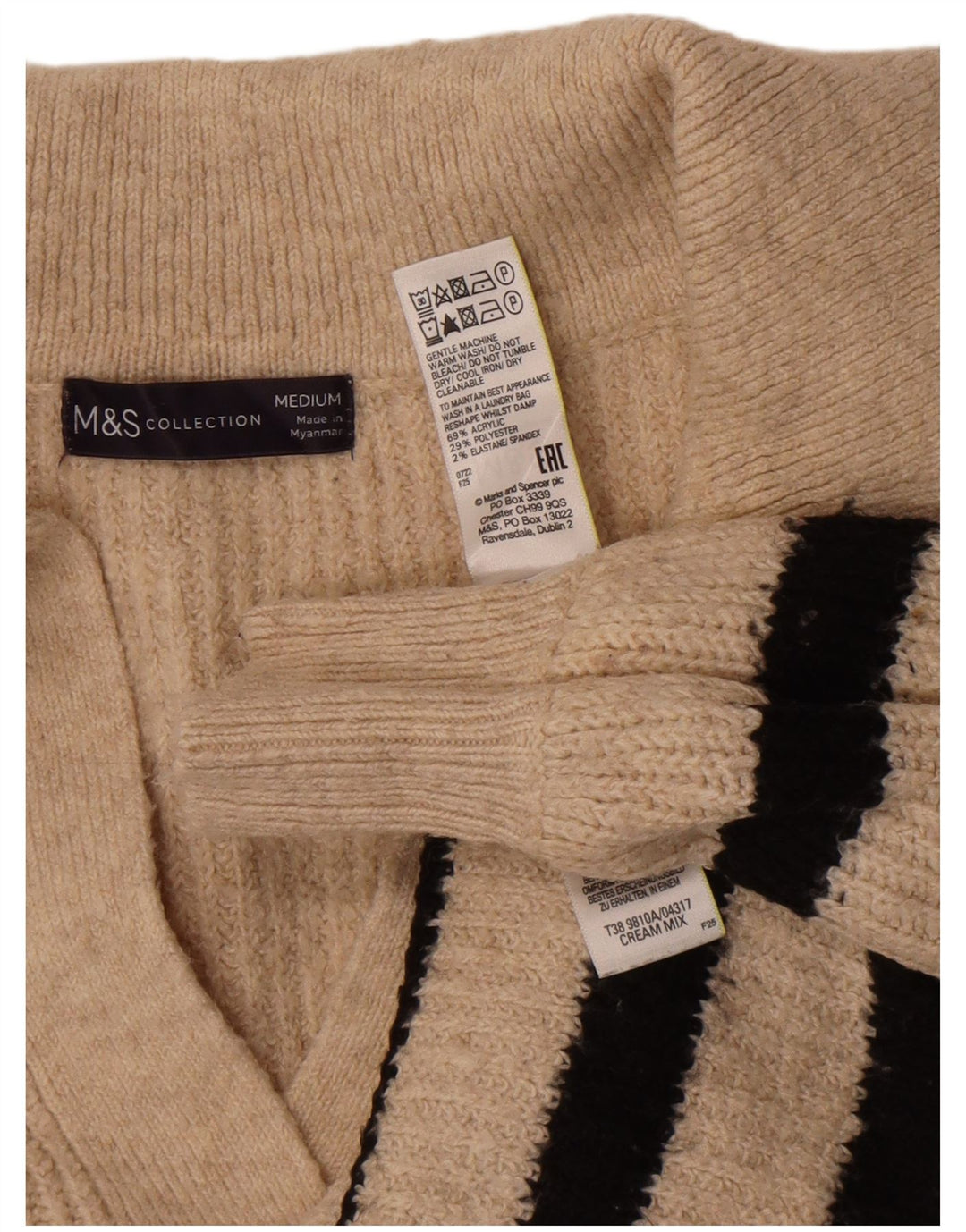 Suéter feminino Marks & Spencer com gola polo e listras bege médio Reino Unido 14