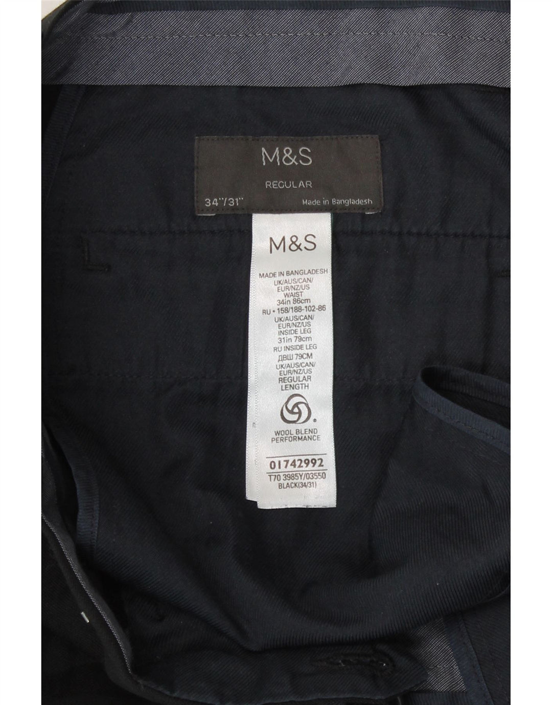 Calça casual masculina Marks & Spencer de ajuste regular W34 L31 poliéster preto