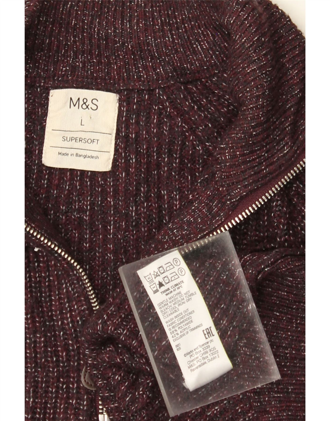 Suéter masculino Marks & Spencer com zíper e gola grande cor de vinho manchado
