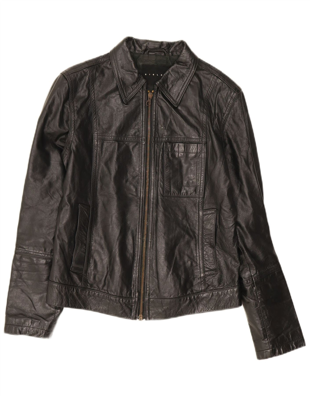 Jaqueta de couro feminina Sisley UK 10 pequena couro preto