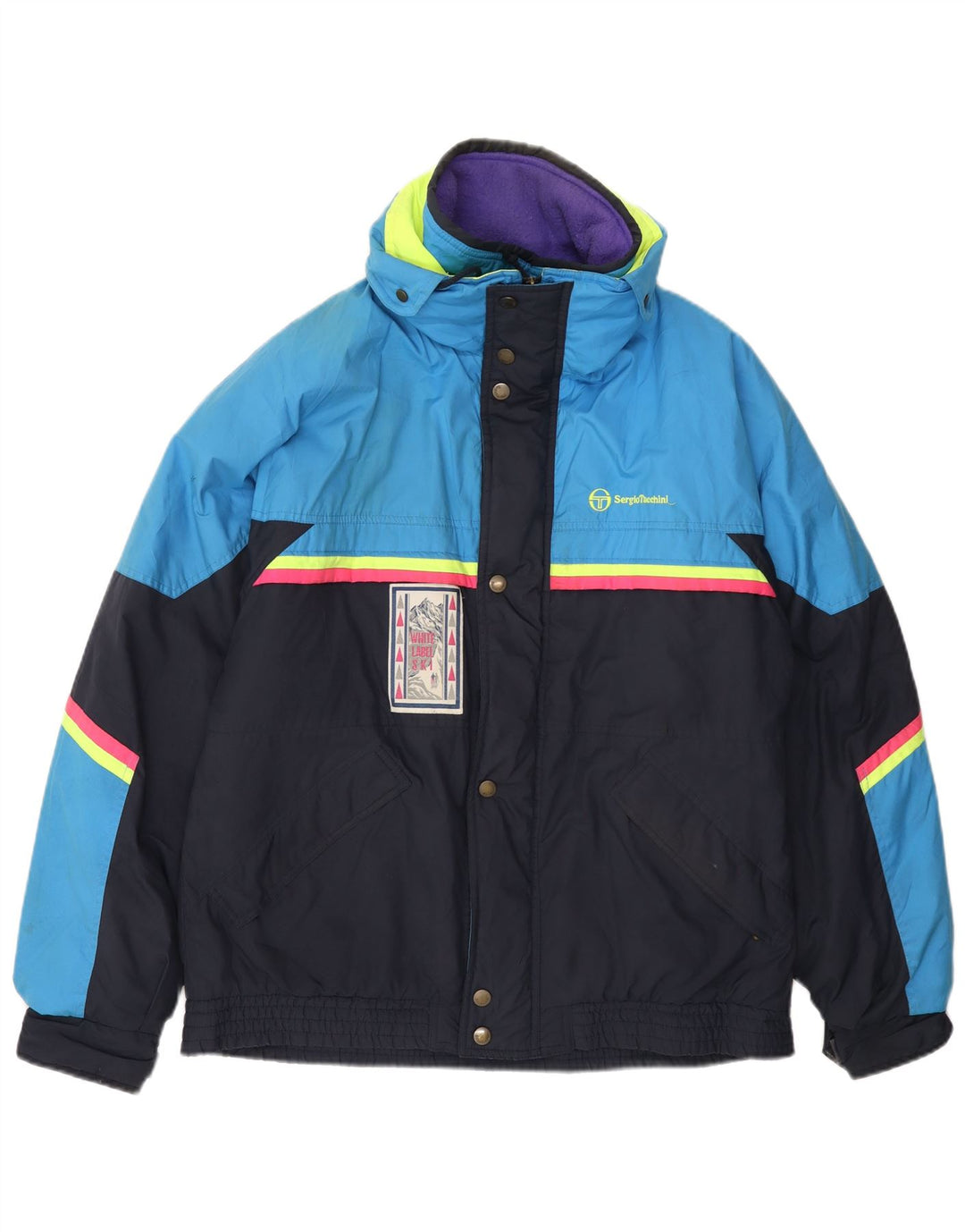 Jaqueta de esqui masculina Sergio Tacchini UK 42 XL azul marinho colorblock poliéster