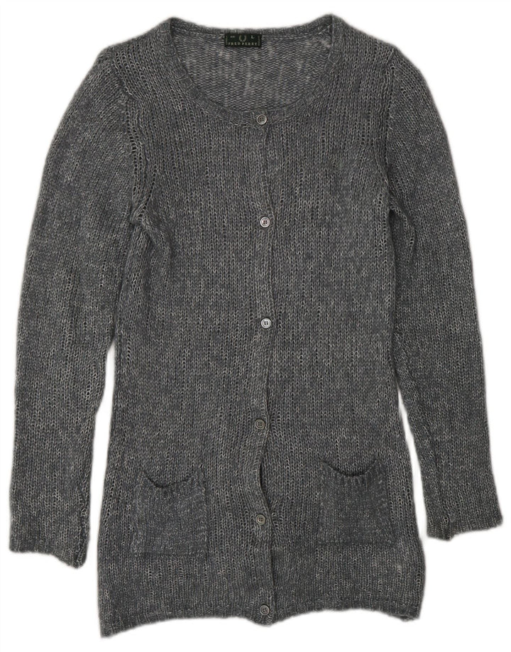 Suéter cardigã feminino Fred Perry Reino Unido 14 grande viscose manchada cinza
