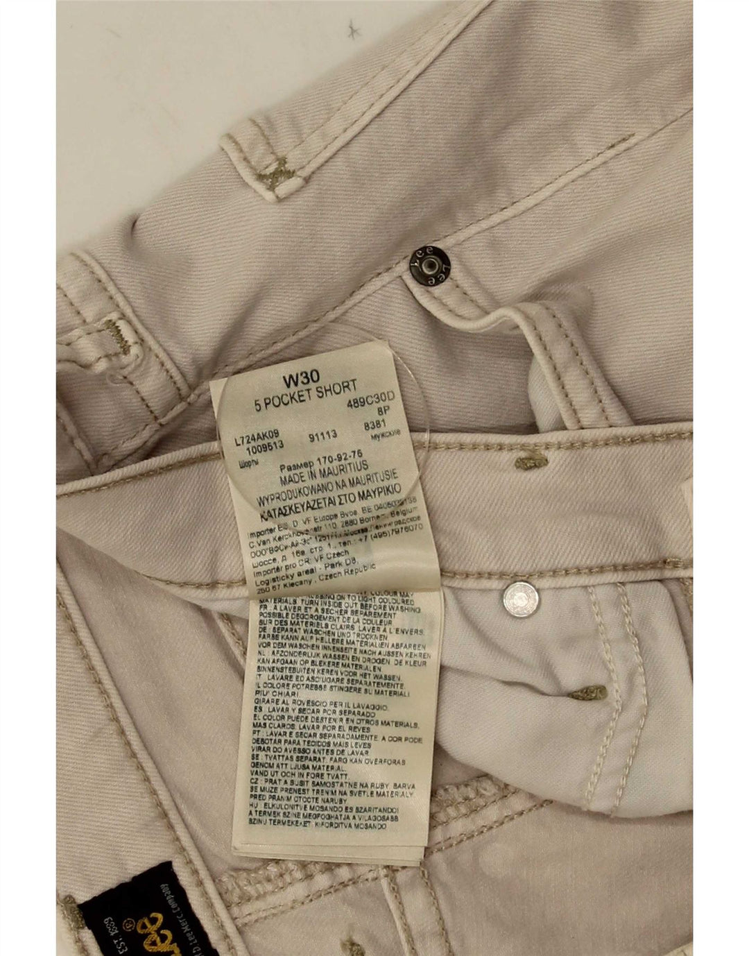 Shorts jeans masculino Lee W30 algodão bege médio