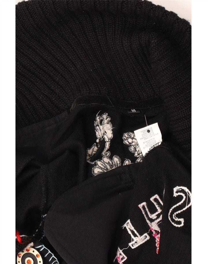 Jaqueta blazer feminina vintage gráfica com 2 botões Reino Unido 12 médio preto floral