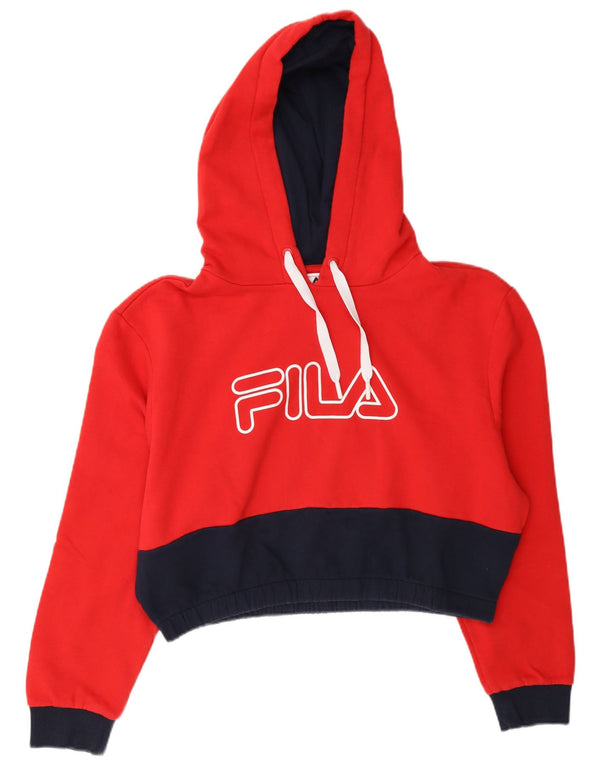 Suéter feminino Fila Crop Graphic com capuz UK 18 XL vermelho colorblock