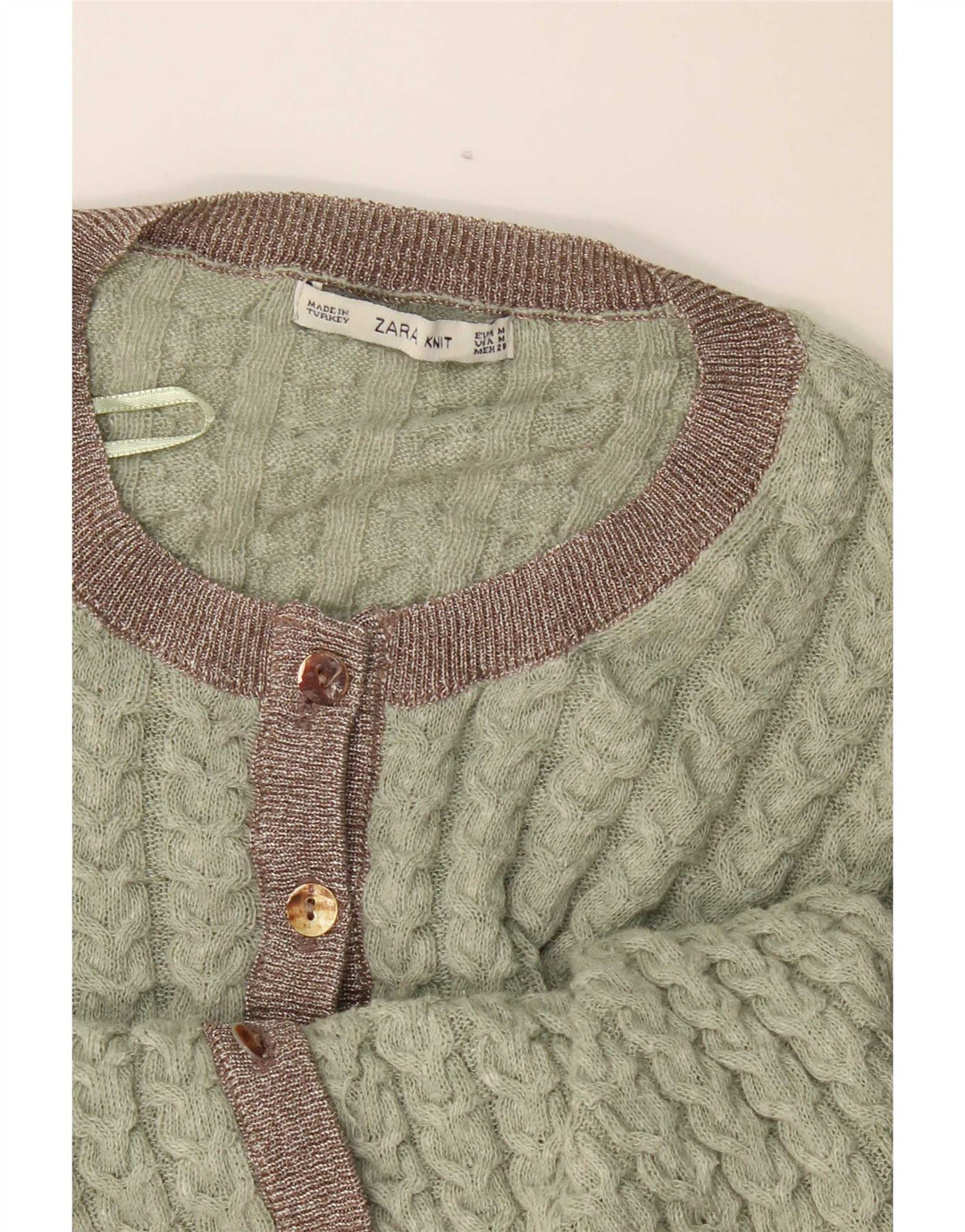 Suéter cardigã feminino Zara Reino Unido 12 bloco colorido verde médio