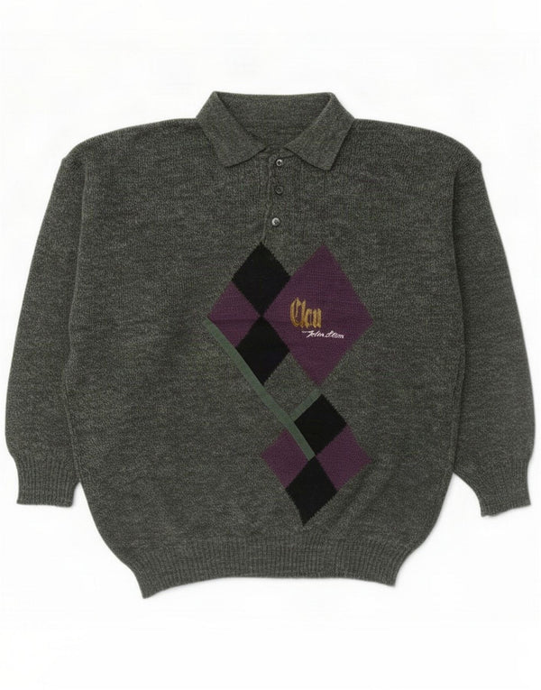 Suéter vintage masculino com gola polo IT 54 XL verde Argyle/lã diamante