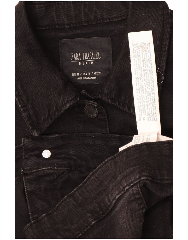 Zara Womens Trafaluc Crop Denim Jacket Reino Unido 12 Médio Algodão Preto