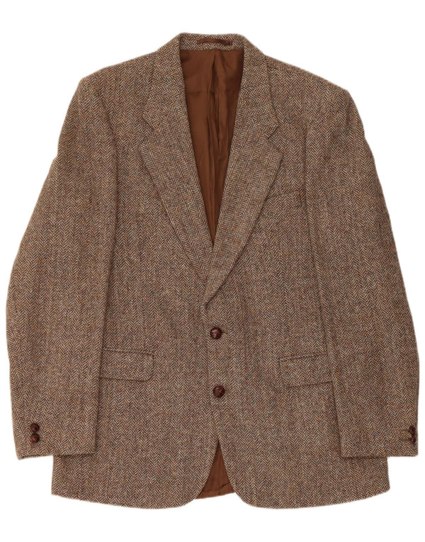 Jaqueta blazer masculina de 2 botões Harris Tweed UK 42 XL marrom espinha de peixe lã