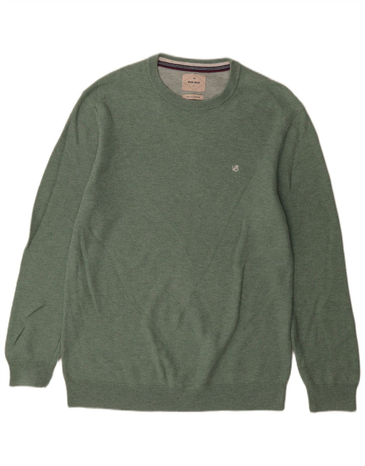 Suéter masculino branco com gola redonda e algodão verde médio