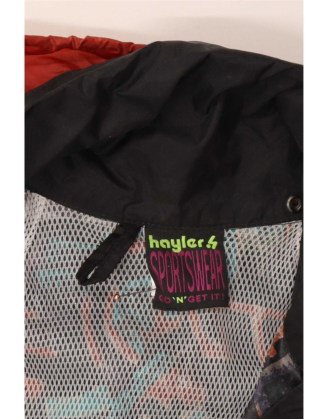 Jaqueta de chuva vintage masculina com capuz Anorak UK 38 médio preto geométrico