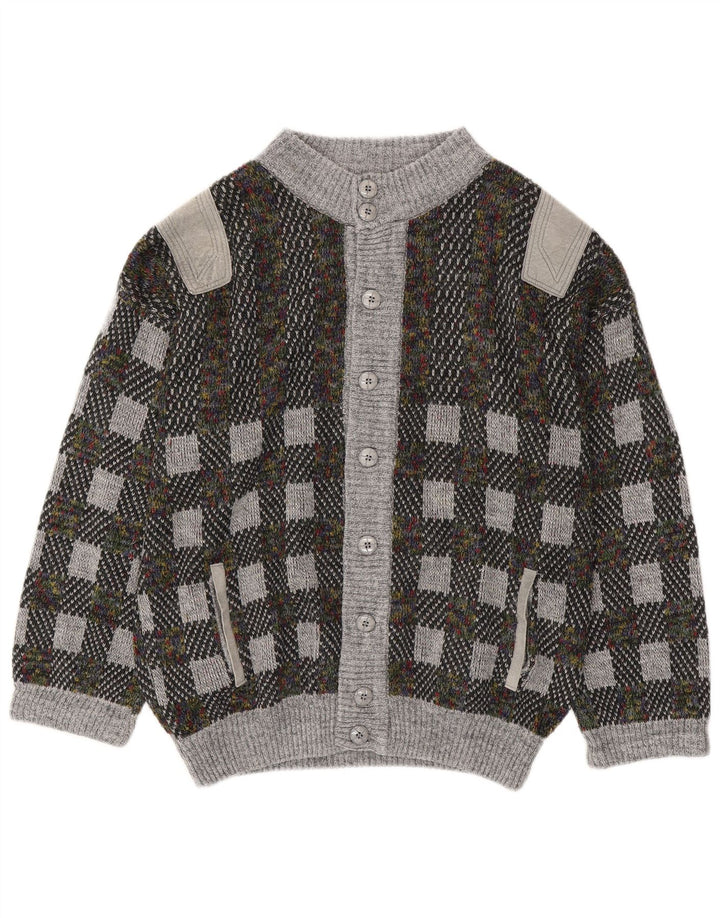 Suéter cardigã masculino vintage IT 54 XL lã geométrica cinza