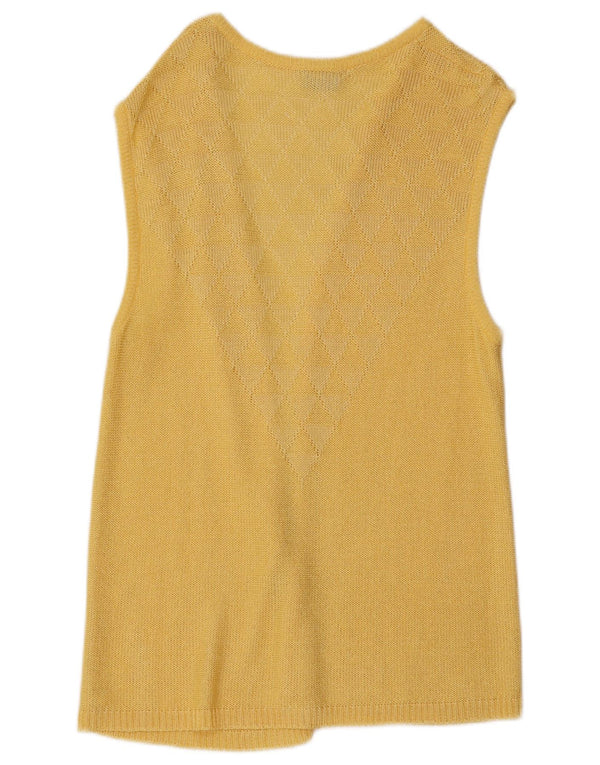 Suéter cardigã aberto sem mangas com palangre vintage feminino Reino Unido 10 amarelo pequeno