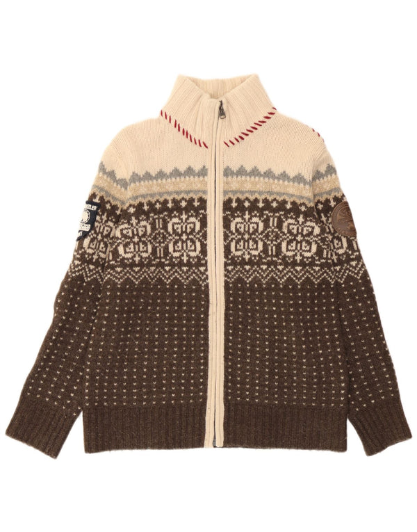 Suéter cardigã feminino Napapijri Reino Unido 14 marrom médio Fair Isle Lambswool