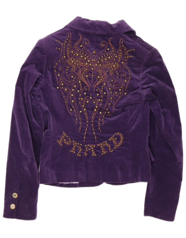 Jaqueta blazer feminina de veludo com 2 botões Phard Reino Unido 10 algodão roxo pequeno