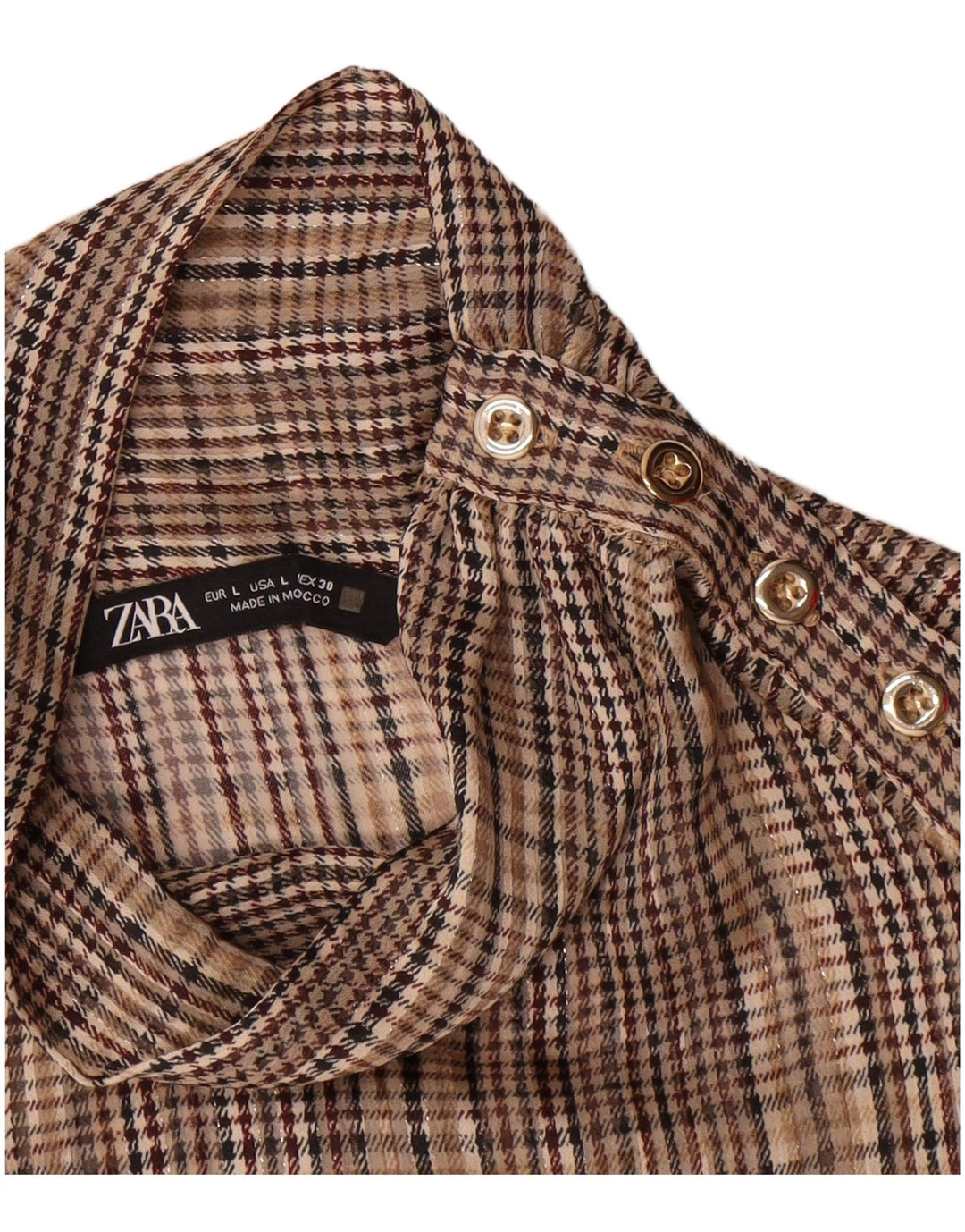 Pulôver feminino Zara blusa camisa de manga comprida Reino Unido 16 grande xadrez marrom