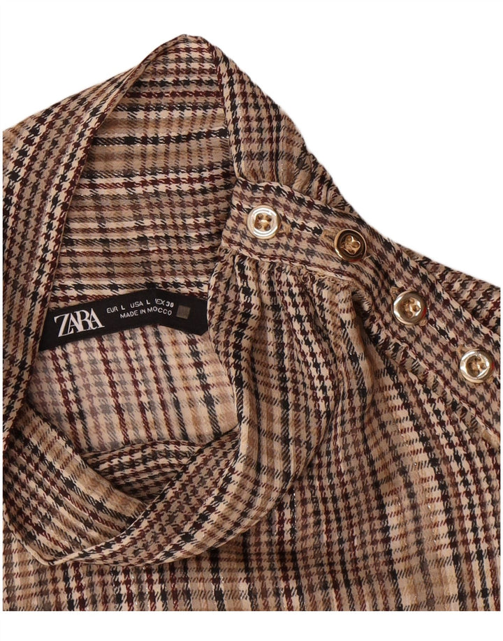 Pulôver feminino Zara blusa camisa de manga comprida Reino Unido 16 grande xadrez marrom