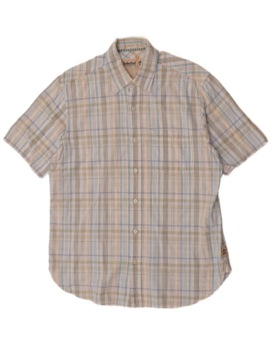 Timberland Camisa masculina de manga curta padrão ajuste médio azul xadrez algodão