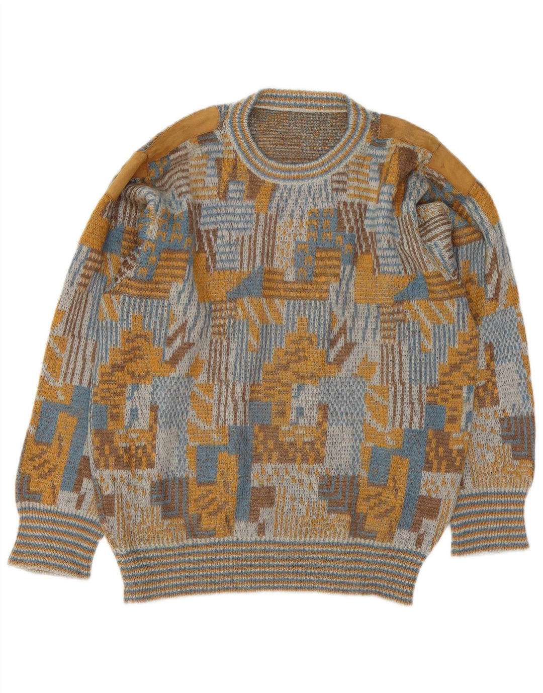 Suéter vintage masculino com gola redonda grande geométrico multicolorido