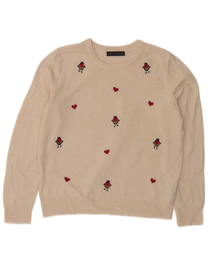 Suéter feminino Marks & Spencer com gola redonda Reino Unido 14 médio branco