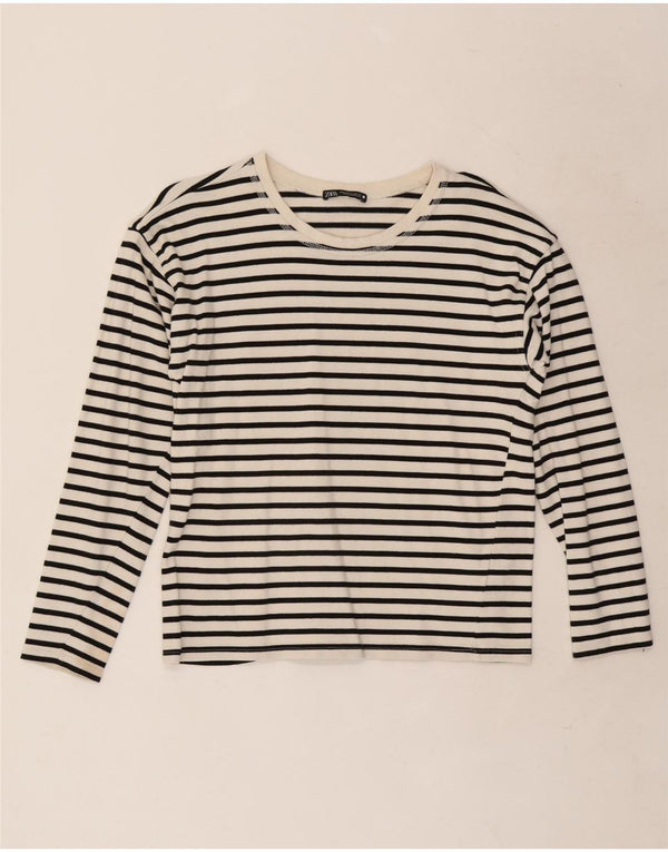 Top feminino Zara de manga comprida UK 10 pequeno algodão listrado branco