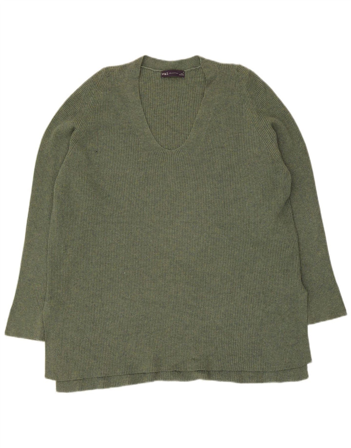 Suéter feminino Marks & Spencer com decote em V Reino Unido 16 grande poliéster cáqui