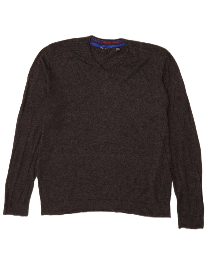 Suéter masculino Ted Baker com decote em V tamanho 5 XL lã cinza