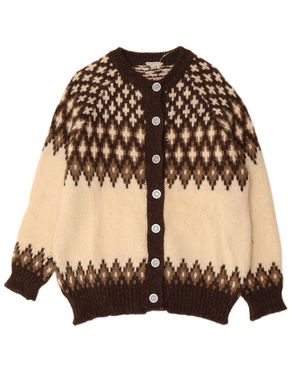 Suéter cardigã feminino vintage Reino Unido 18 XL marrom Fair Isle lã