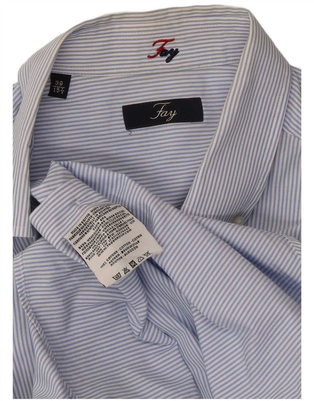 Camisa masculina Fay tamanho 39 15 1/2 algodão listrado azul médio