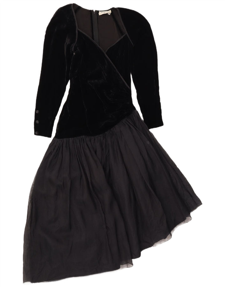Vestido feminino assimétrico de manga comprida Pancaldi & B Reino Unido 12 médio preto