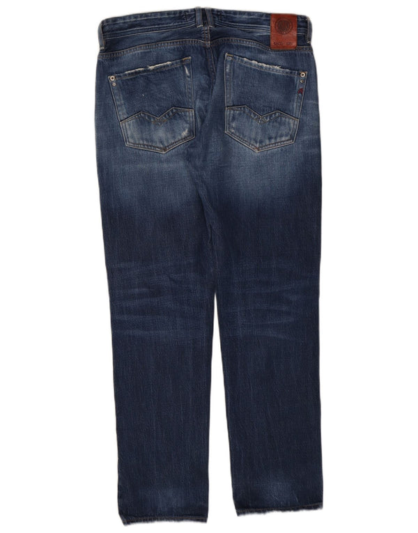 Replay Mens Rob Straight Jeans W32 L30 Azul Algodão