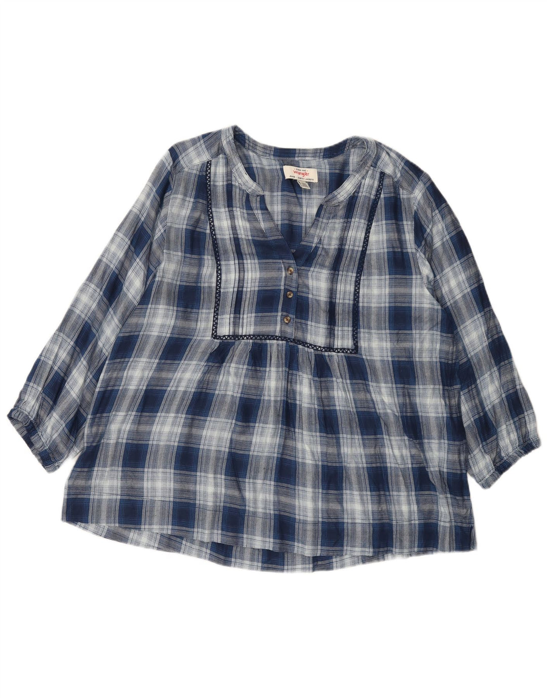 Wrangler blusa feminina manga 3/4 top UK 16 grande azul xadrez viscose