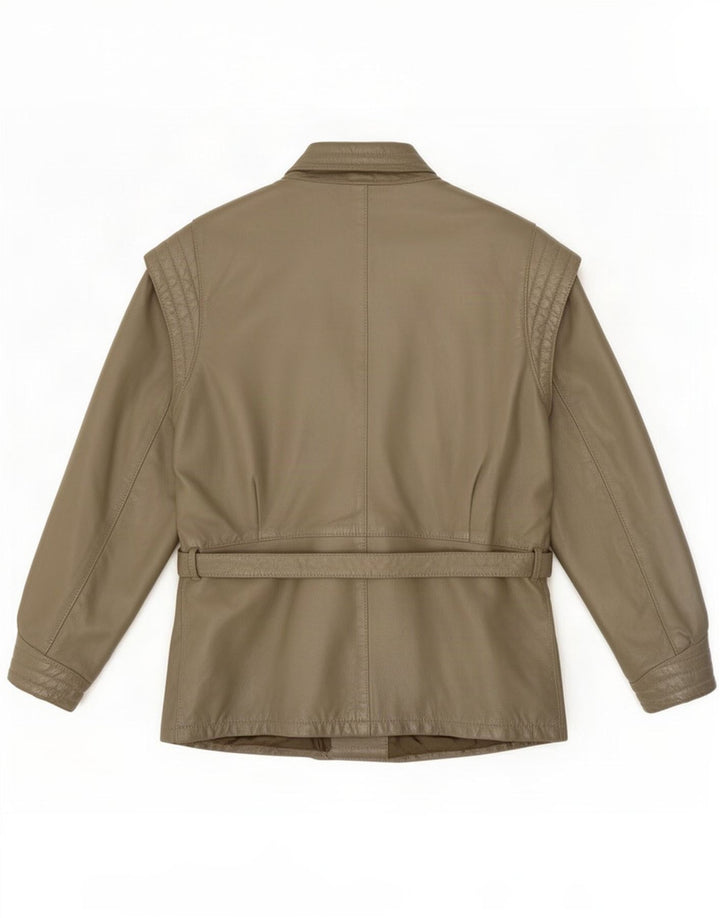 Jaqueta de couro feminina vintage UK 16 grande cáqui