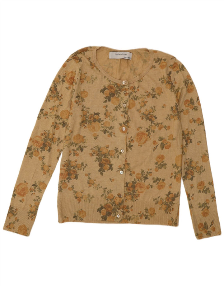 Suéter cardigã feminino Zara Reino Unido 14 grande poliéster floral bege