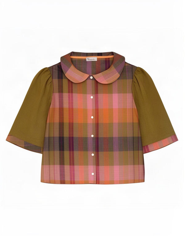 Blusa feminina vintage de manga curta UK 8 pequena linho xadrez cáqui
