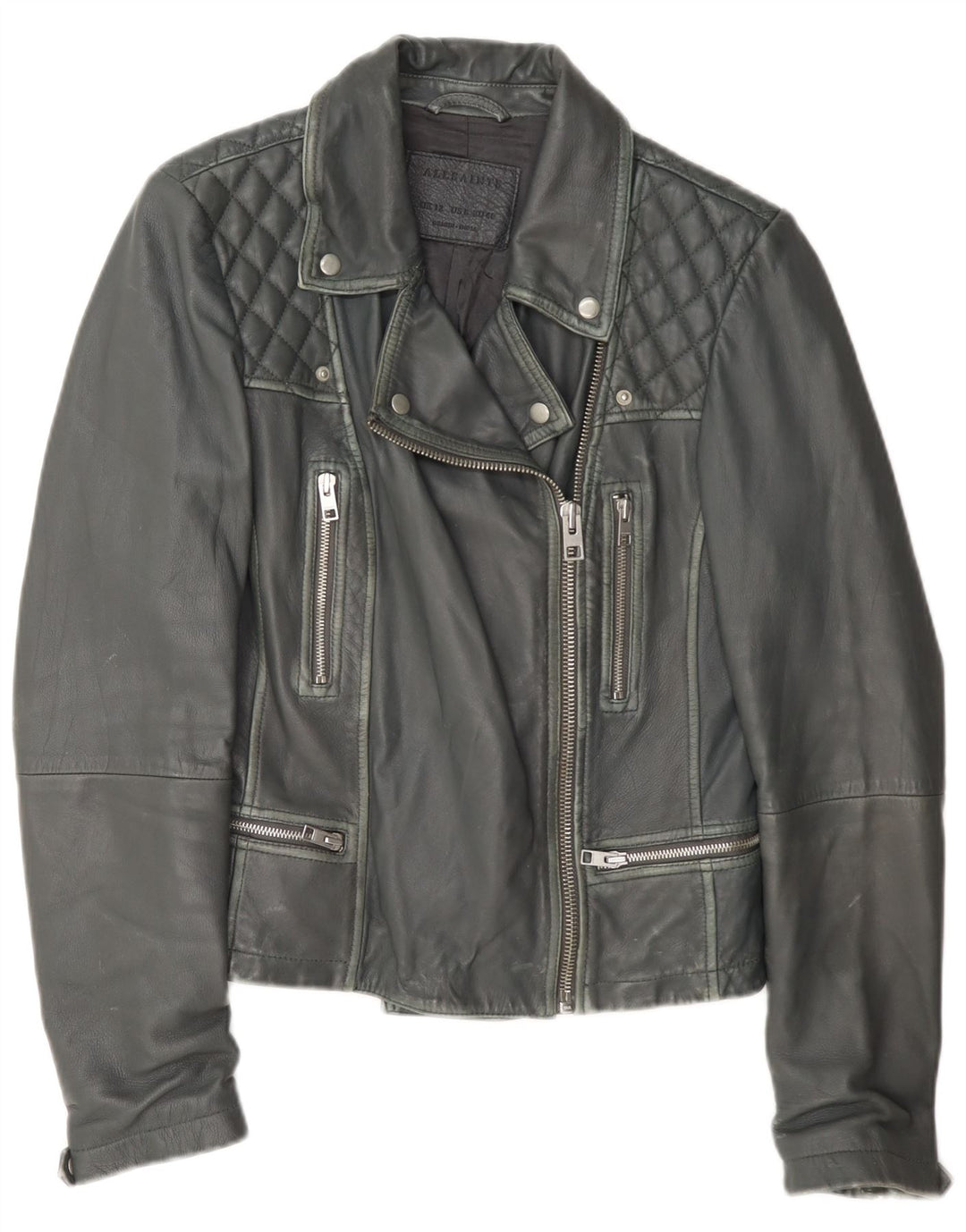 Jaqueta feminina de couro para motociclista All Saints UK 12 cinza médio