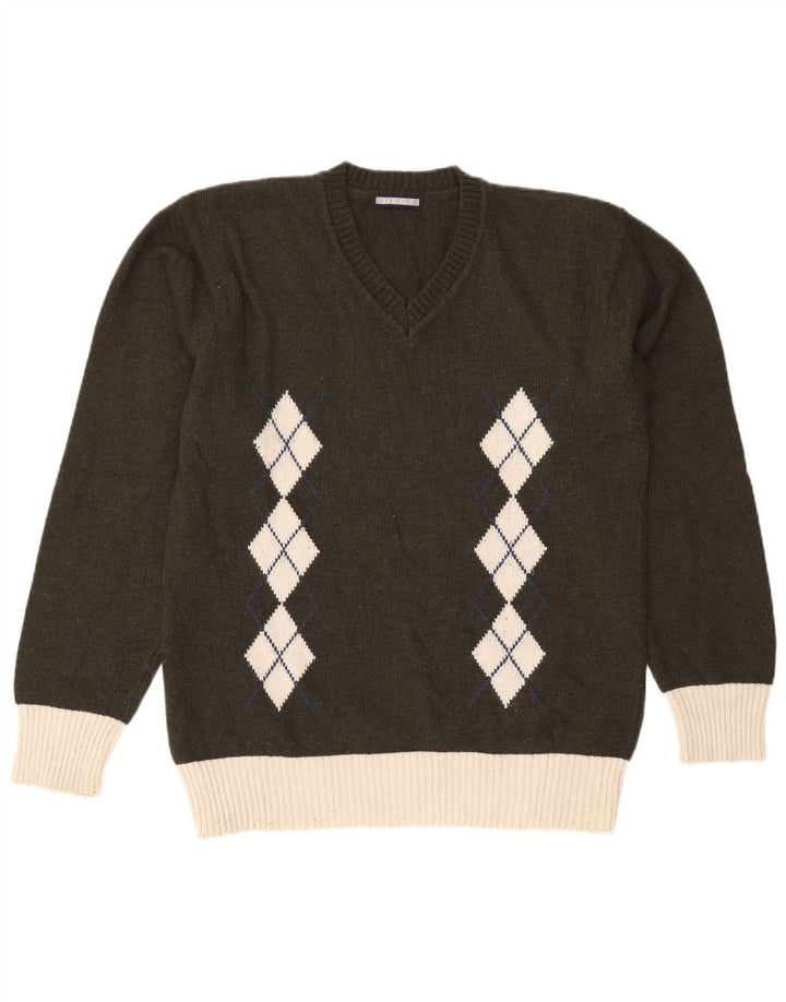 Suéter masculino vintage com decote em V grande cáqui Argyle/lã diamante