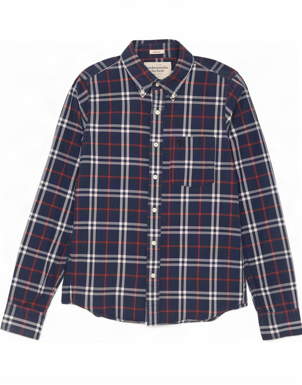 Camisa muscular masculina Abercrombie & Fitch grande algodão xadrez azul marinho