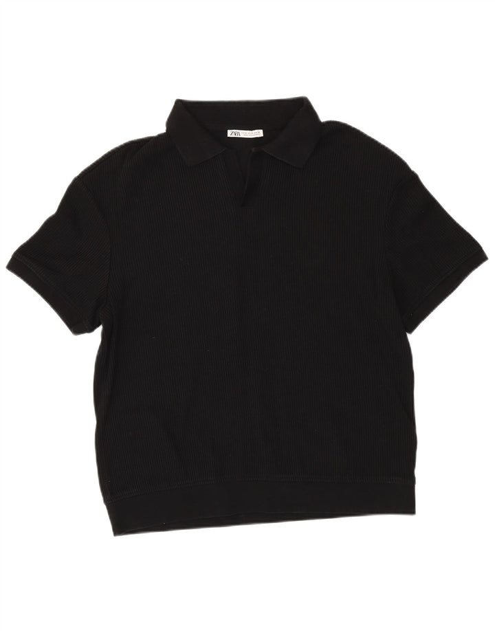Suéter masculino ZARA de manga curta com gola polo e algodão preto médio