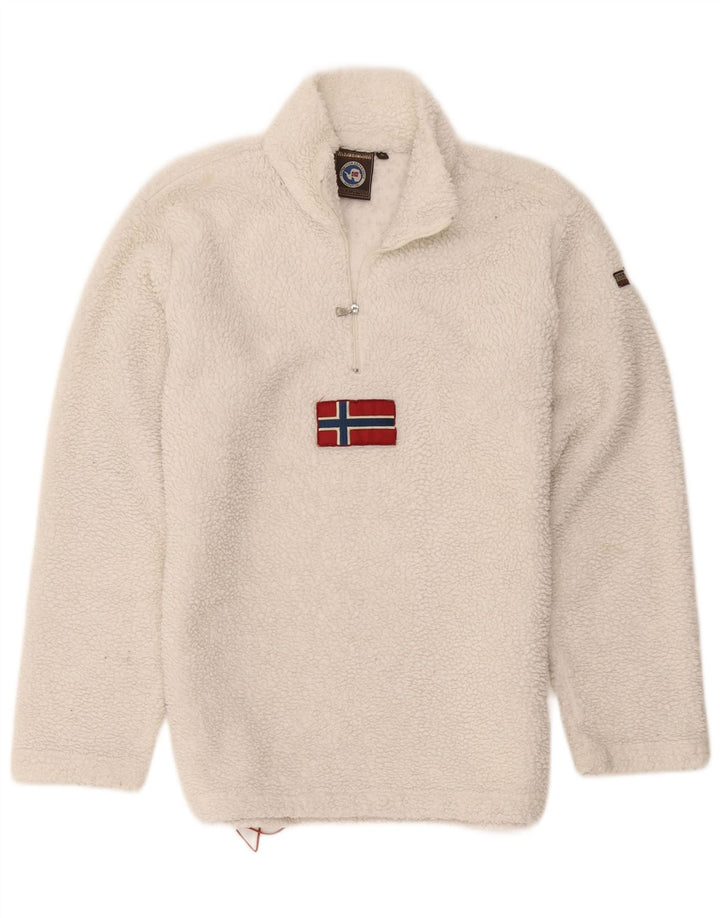 Suéter de lã masculino Napapijri com zíper geográfico, pequeno, branco, poliéster